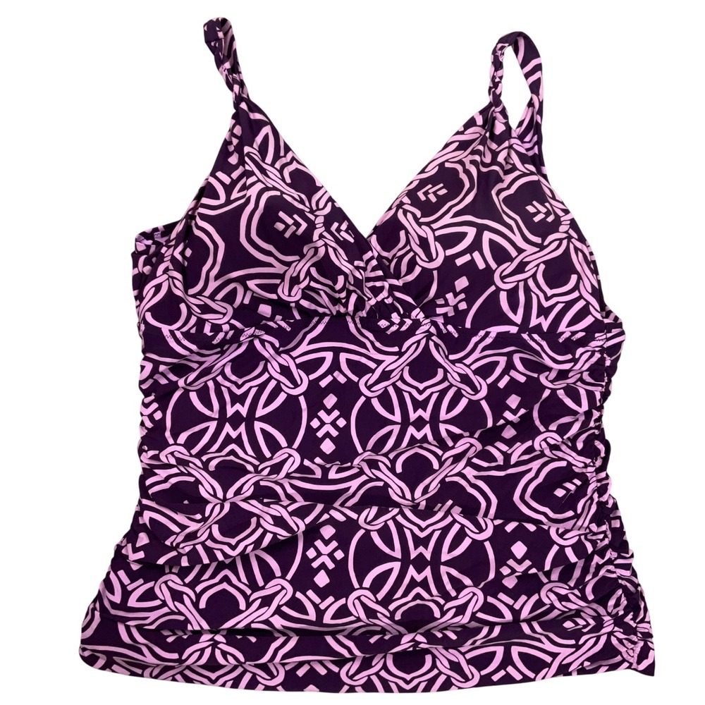 Lands End Tankini Top‎ Womens 18 Purple Excellent Geometric Ruched V-Neck